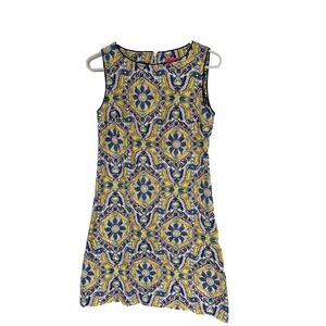 Betsey Johnson printed cotton shift dress Sz 2 Ret $118 Yellow Blue Medallion